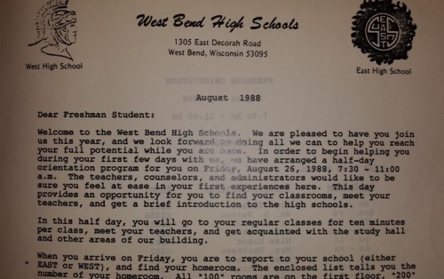 Mini Day letter sent to incoming ninth graders in 1988. Photograph courtesy of Stacy Beltmann, kindergarten teacher at Fair Park Elementary and 1992 graduate of East High.